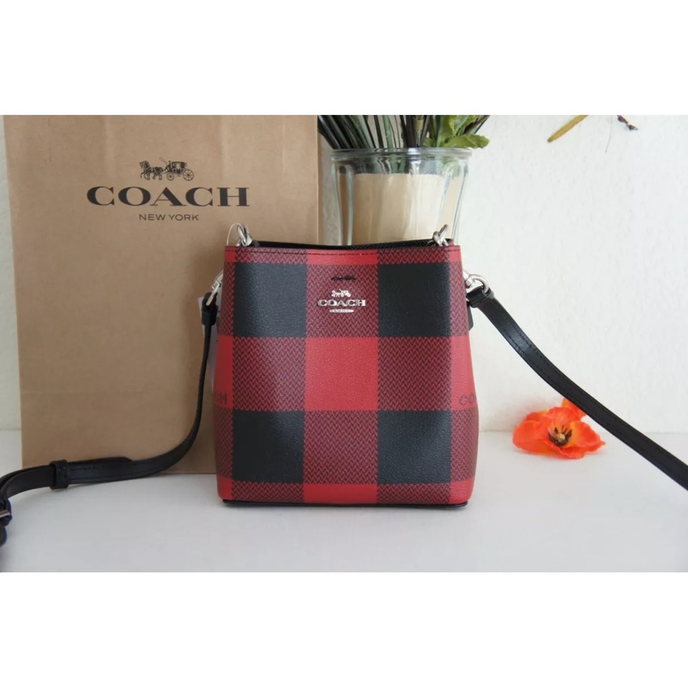 NWT Mini Town Bucket Bag With Buffalo Plaid Print red
